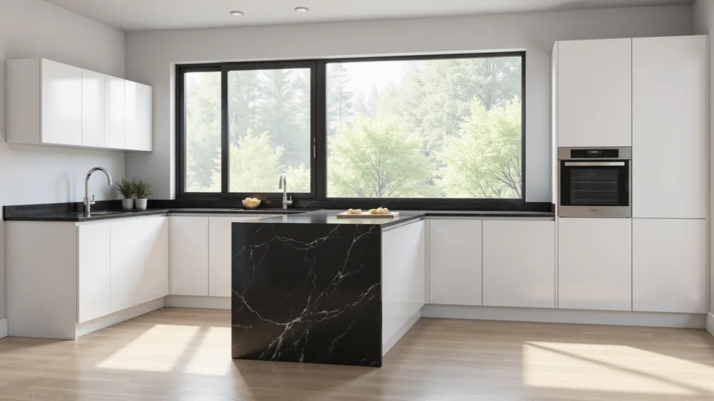 "Modern minimalist kitchen with white cabinets, black quartz waterfall island, and natural light flooding in through floor-to-ceiling windows"
