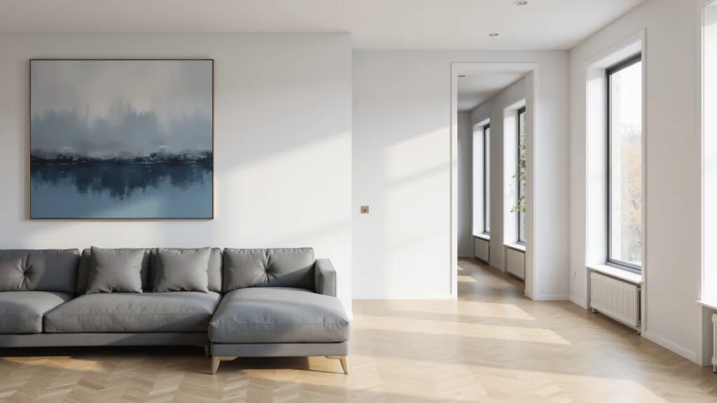 "Modern minimalist living room with large abstract canvas, gray sectional sofa, and blonde oak floors illuminated by natural light"