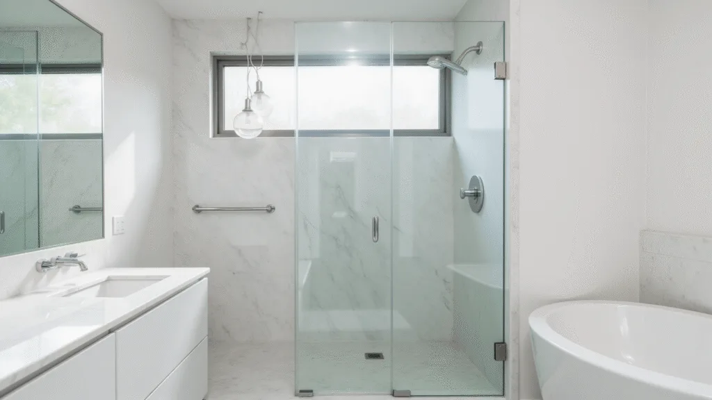 "Minimalist modern bathroom with white dove painted walls, marble vanity, frameless glass shower, and chrome fixtures under soft natural light"