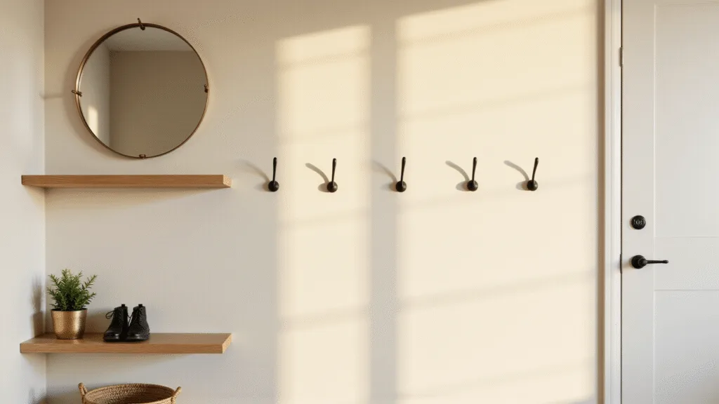 "Minimalist, Scandinavian-inspired entryway with floating shelves, brass round mirror, matte black hooks on cream walls, a shoe basket, and a small potted plant"