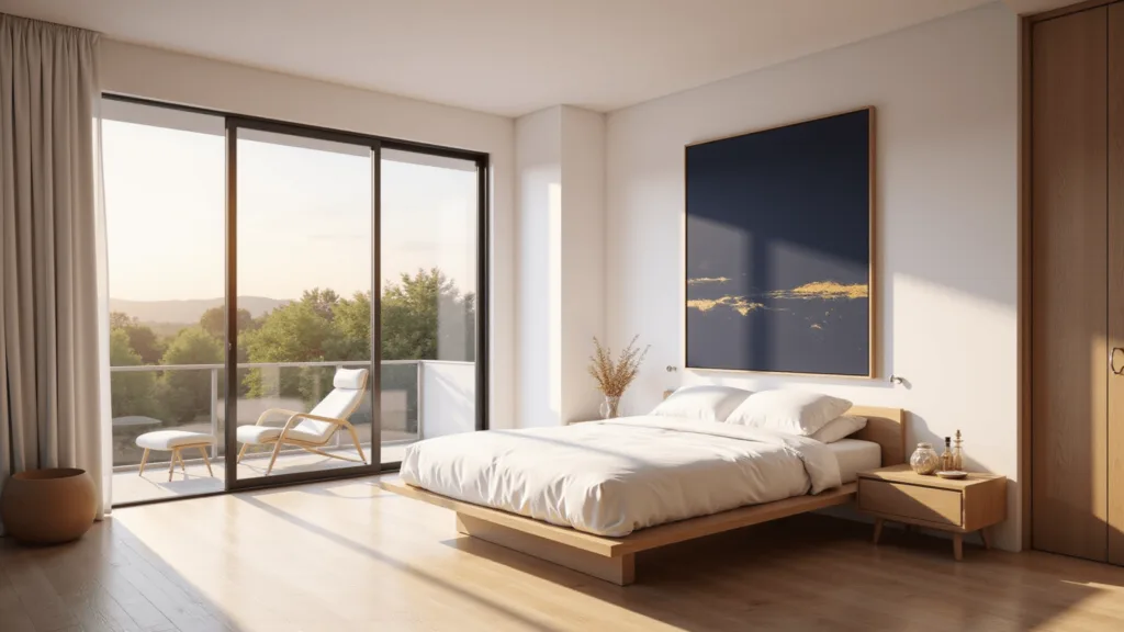 "Modern minimalist bedroom with golden sunlight pouring in through large windows, featuring a platform bed, oak floors, and abstract artwork."