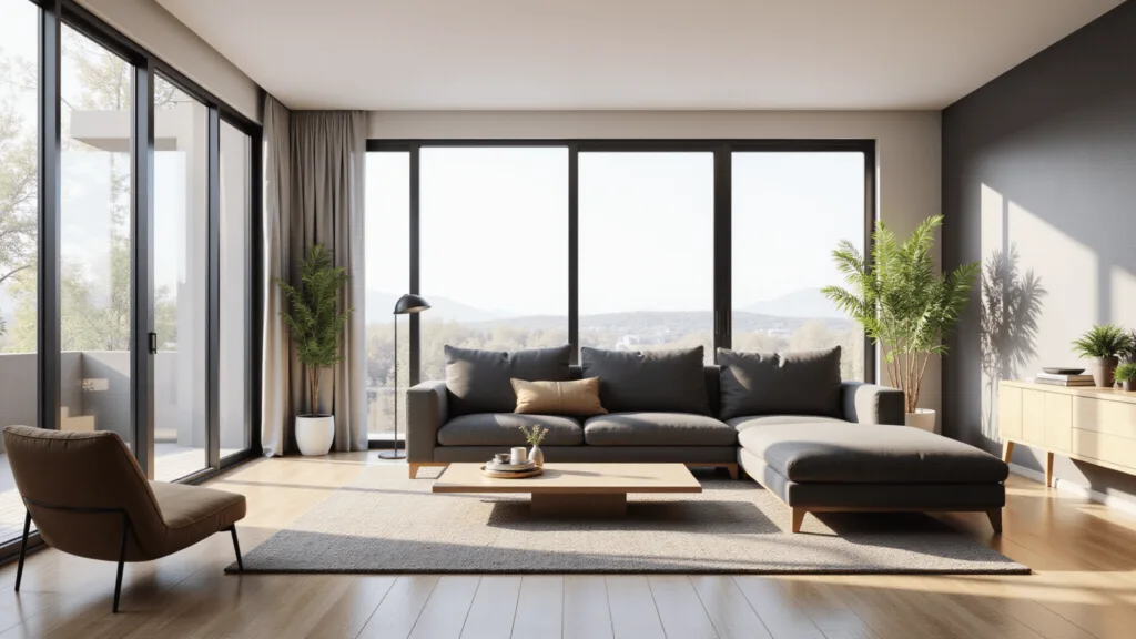 "Modern minimalist living room with charcoal gray sectional sofa, bleached oak coffee table, floor-to-ceiling windows, and natural light."