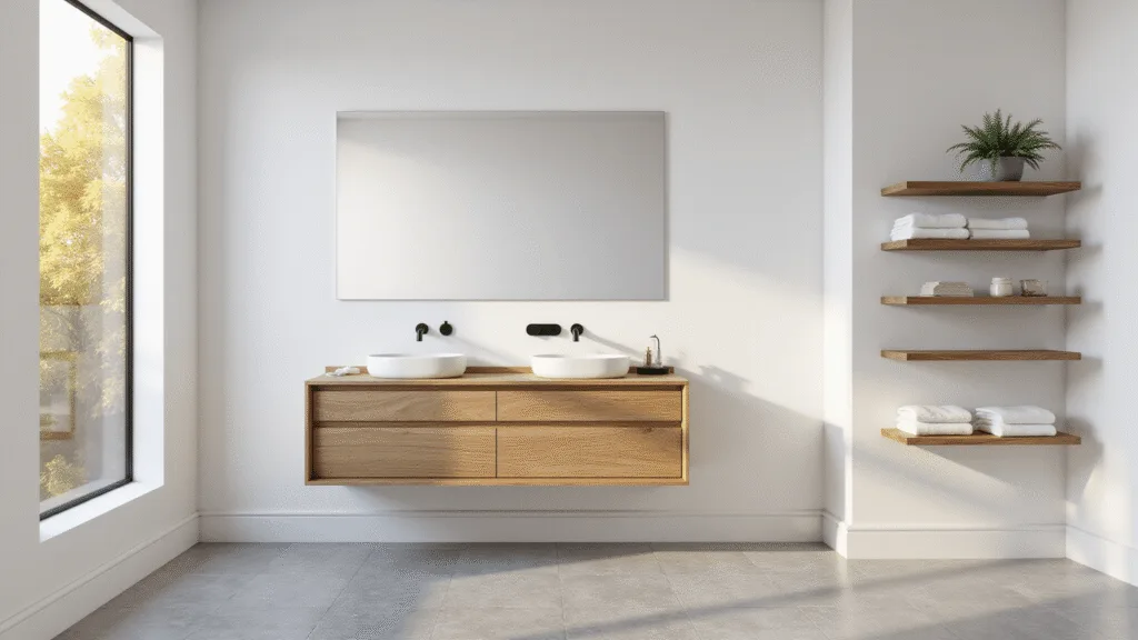 "Modern minimalist bathroom with white oak vanity, black matte fixtures, and natural light reflecting from a large mirror"