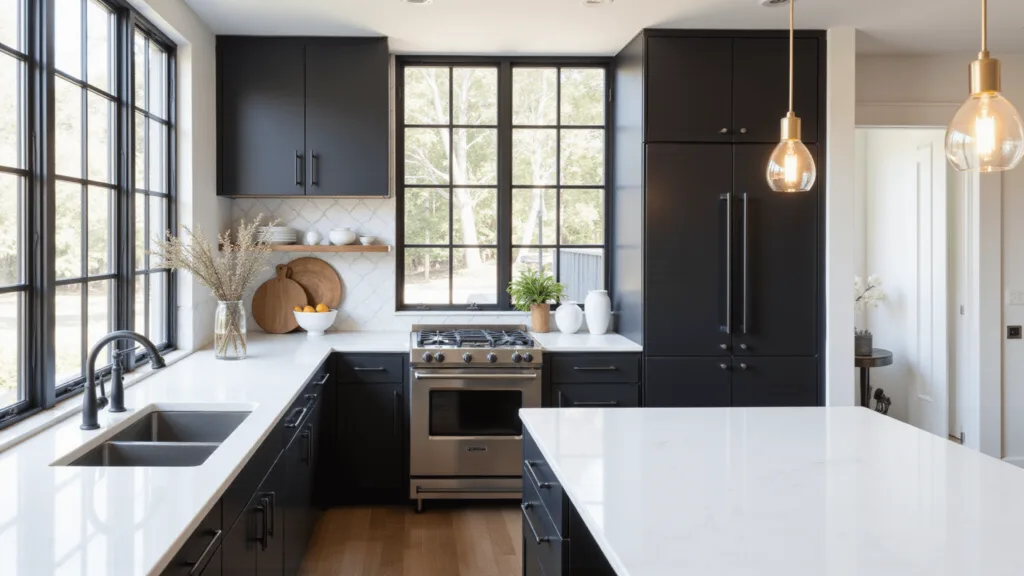 "Modern monochrome kitchen with black and white cabinets, quartz island, brass lighting, and morning sunlight"