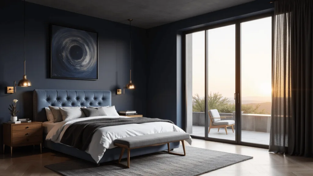 "Luxurious master bedroom with navy walls, velvet headboard, brass accents, and warm lighting"