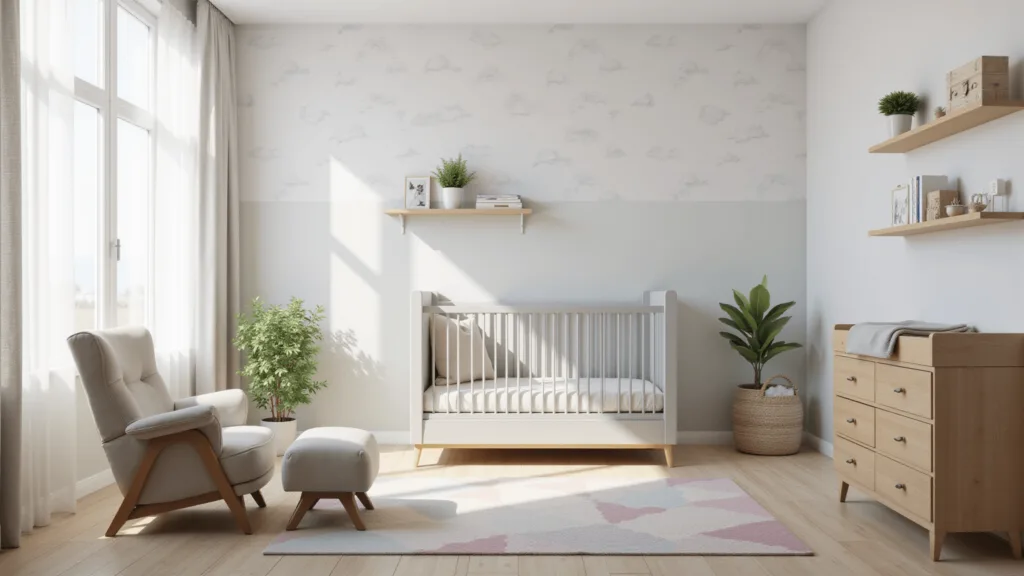 "Modern nursery interior with gray crib, oatmeal-colored chair, wood changing table, cloud wallpaper, minimal decor and geometric pastel rug in soft morning light"