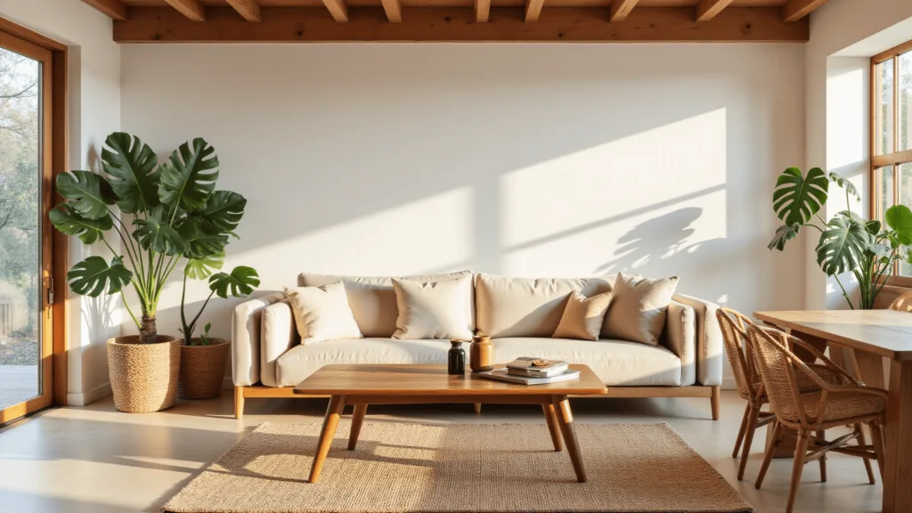 "Minimalist organic living room with walnut table, oatmeal sofa, and rattan chairs, lit by soft golden hour light"