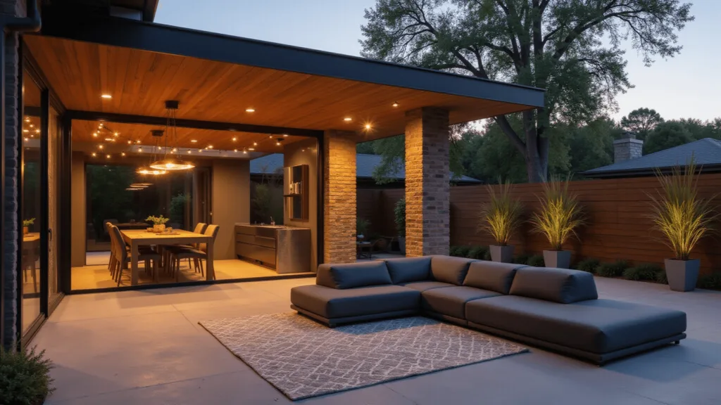 "Modern minimalist patio with sectional sofa, geometric rug, string lights and potted plants during golden hour"