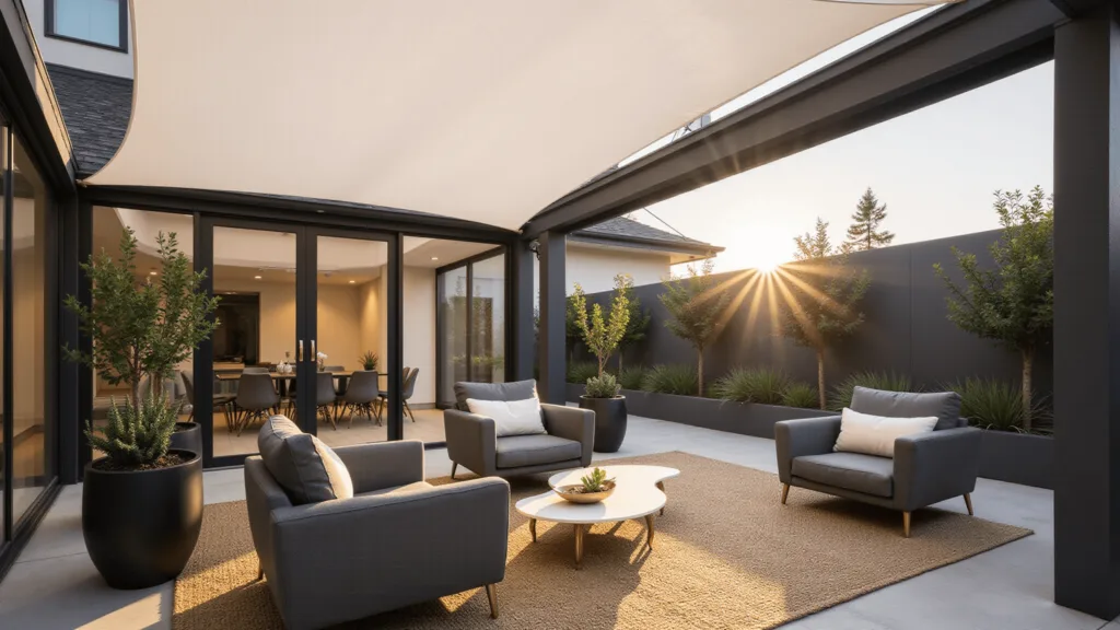 "Modern minimalist patio with shade sail, charcoal furniture, ivory cushions, jute rug, brass accents, succulents in black planters under golden hour lighting"
