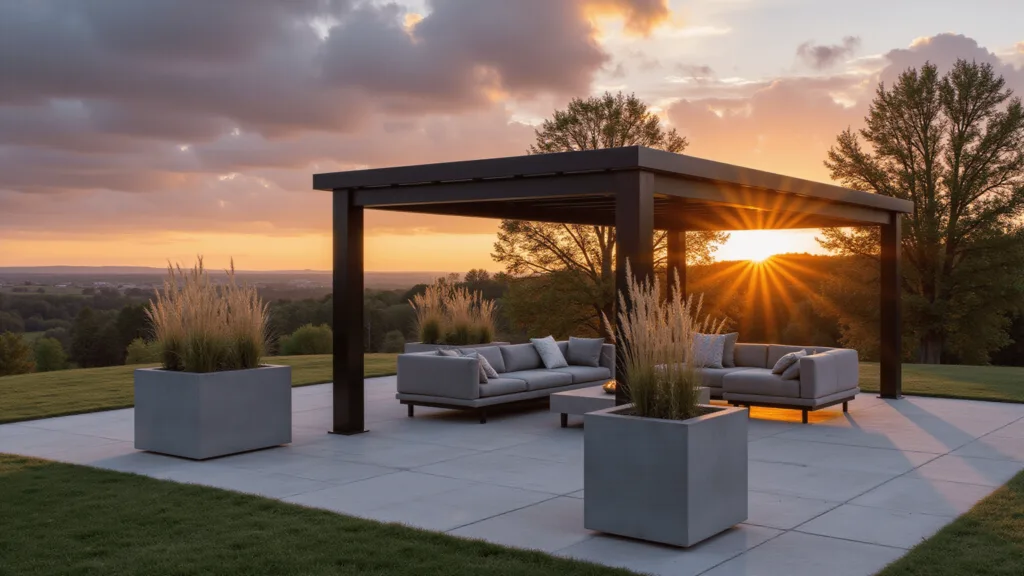 "Modern minimalist pergola with aluminum frame and modular seating, concrete fire table, and geometric planters under a warm orange sunset glow"
