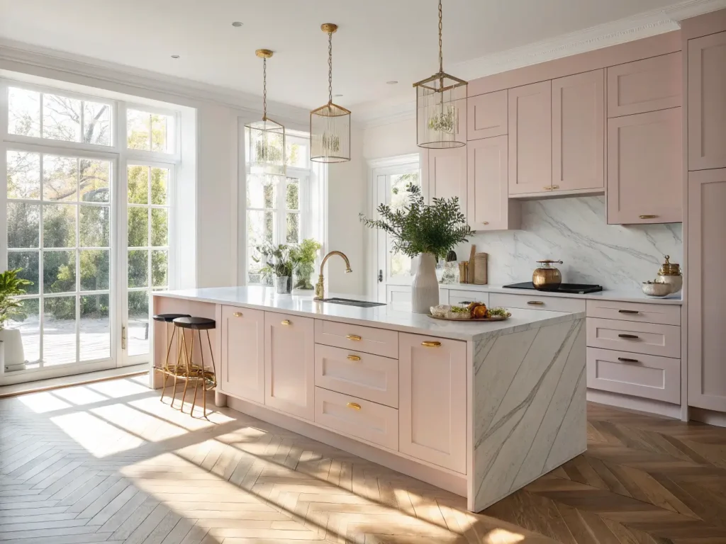 "Modern kitchen with blush pink cabinets, marble island and herringbone floor in morning sunlight"