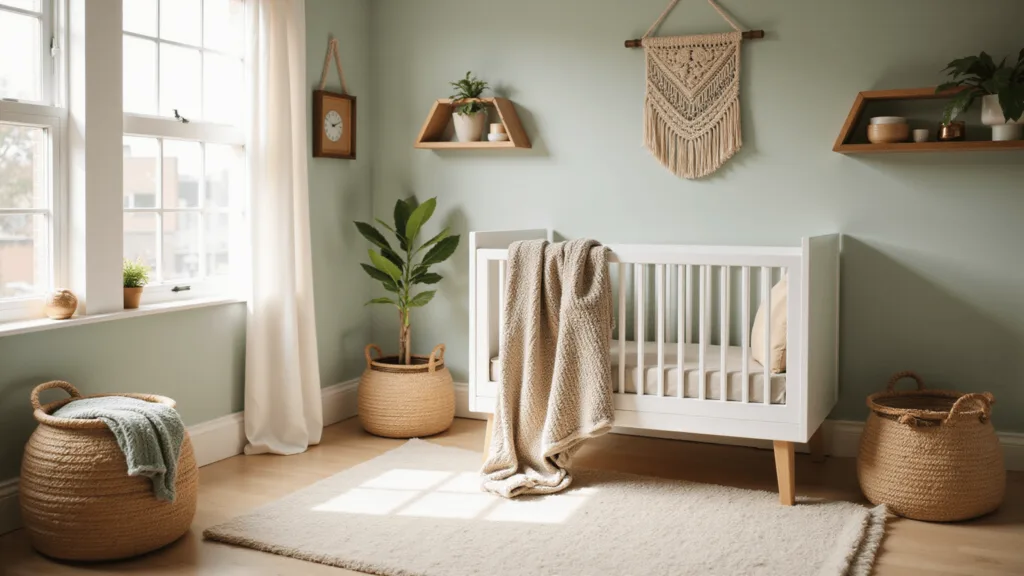 "Modern nursery with white crib, sage green accent wall, woven baskets, chunky knit blankets, and wooden shelves bathed in warm morning light"