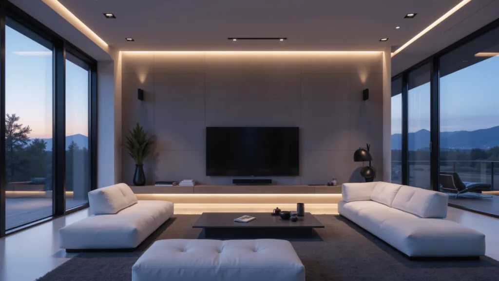 "Luxurious smart living room at twilight with floor-to-ceiling windows, floating Frame TV, LED lighting, modular white sofa, tech-integrated coffee table, warm indirect lighting in muted gray and navy colors"