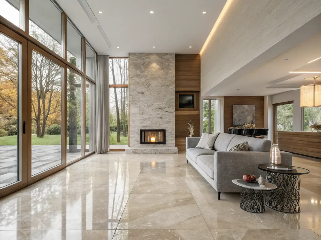 "Modern minimalist stone interior living room with polished limestone floors, granite fireplace, gray linen sofa, marble tables, and floor-to-ceiling windows allowing afternoon light."