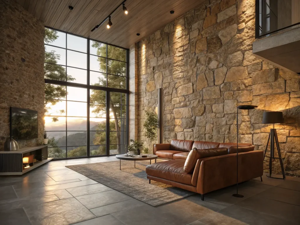 "Modern living room with natural stone walls, warm lighting, and minimalist decor featuring a mid-century leather sofa"