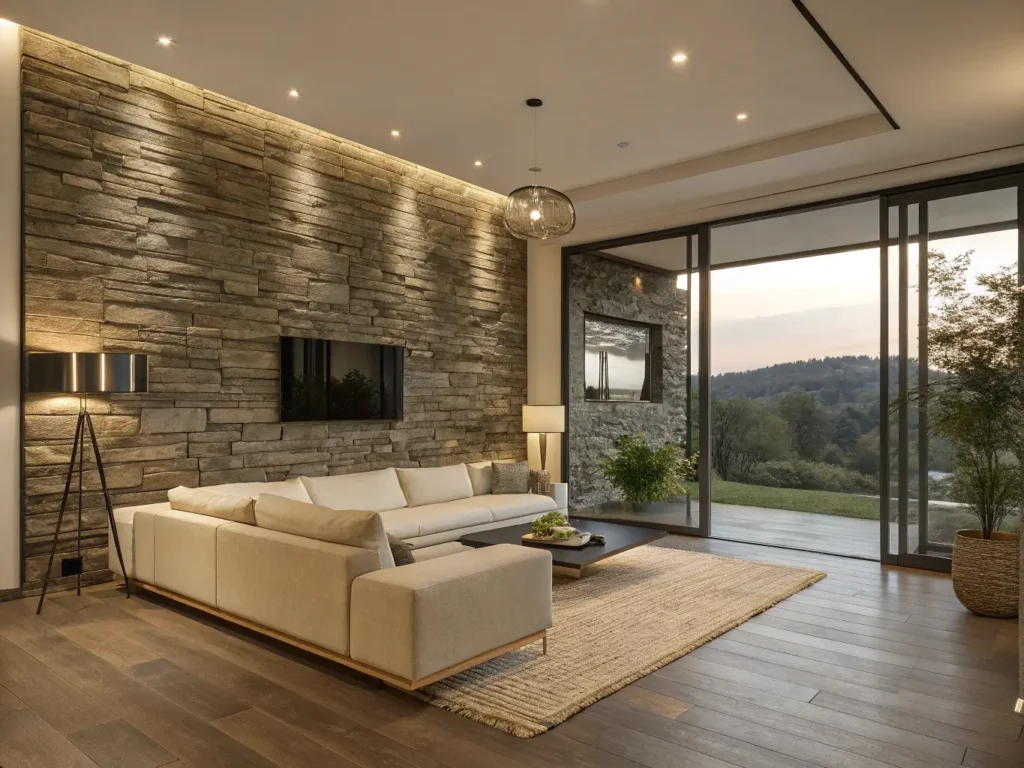 "Modern luxury living room with cream L-shaped sofa, slate stone accent wall, natural jute rug, and large windows in neutral earth tones with high-end finishes."