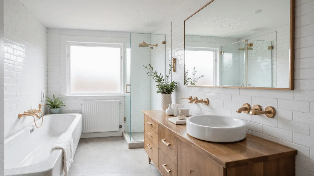 "Minimalist modern bathroom with white subway tiles, floating vanity, oversized mirror, brass fixtures, natural light, and eucalyptus plant"