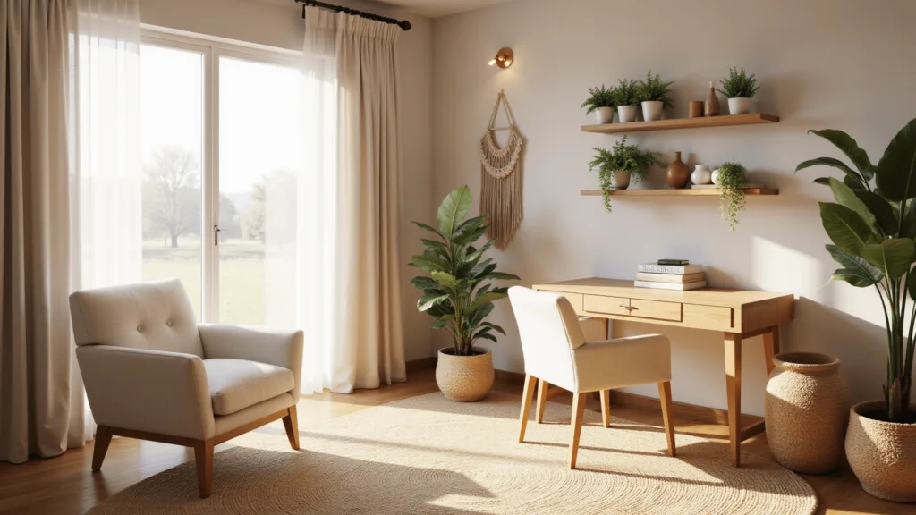 "Bright, modern bonus room with oak desk, cream armchair, potted plants on floating shelves, jute rug, sheer curtains, macramé wall decor, and copper lighting, bathed in soft, atmospheric morning light."