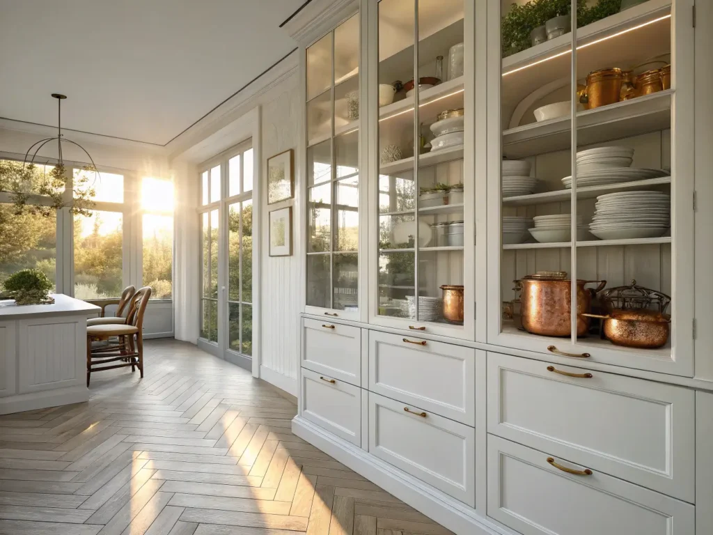 "Modern kitchen with glass-front cabinets showcasing white porcelain dinnerware and copper cookware, bathed in golden sunlight; featuring white oak herringbone floors and minimalist styling."