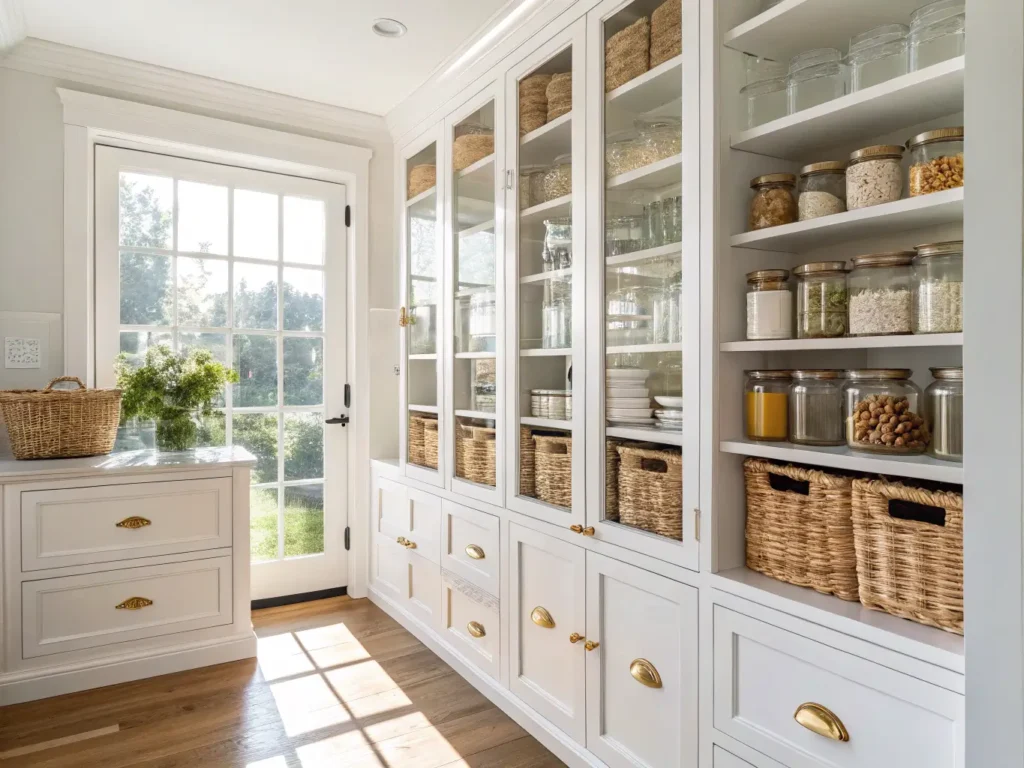 "Sunlit modern pantry with glass cabinet doors, organized storage jars, woven baskets on white shelves with brass hardware"