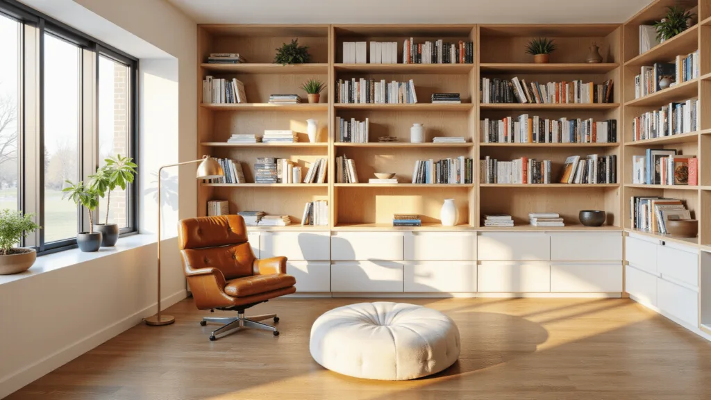 "Sunlit modern home library with white oak shelves, color-coordinated books, cognac leather armchair, brass lamp, cream ottoman, and minimal decor"