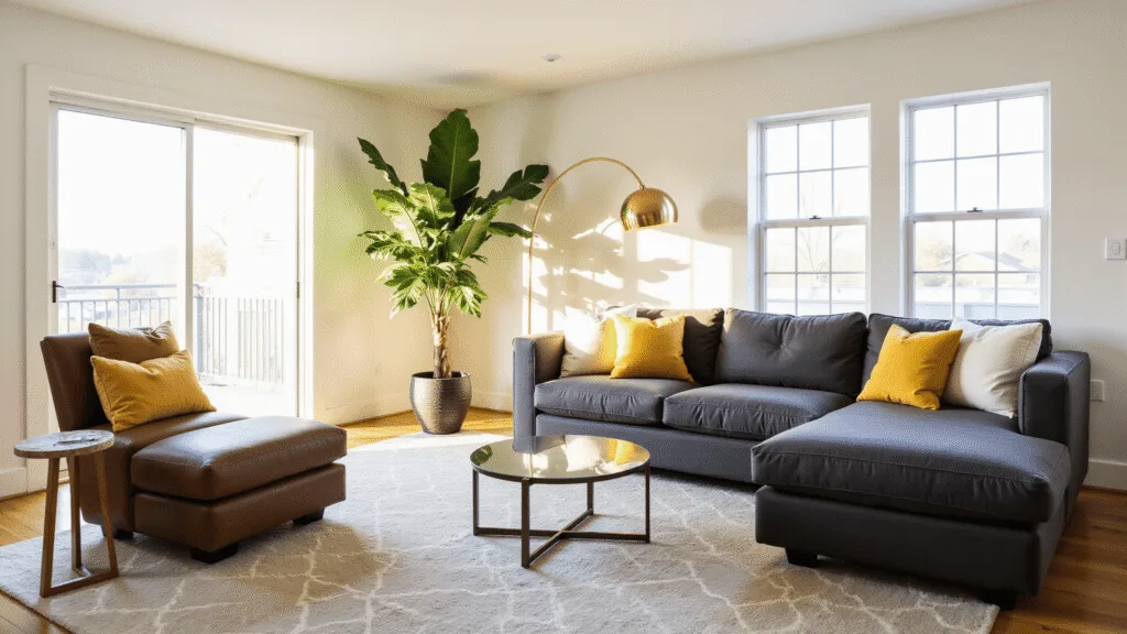 "Modern living room with a grey sectional sofa, mustard pillows, a brass lamp, a fiddle leaf fig plant, and a geometric rug during golden hour."
