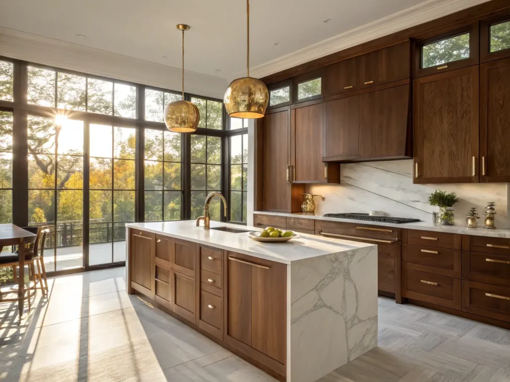 "Modern walnut kitchen with warm sunlight, white quartz island, and brass pendant lights creating a luxurious ambiance"