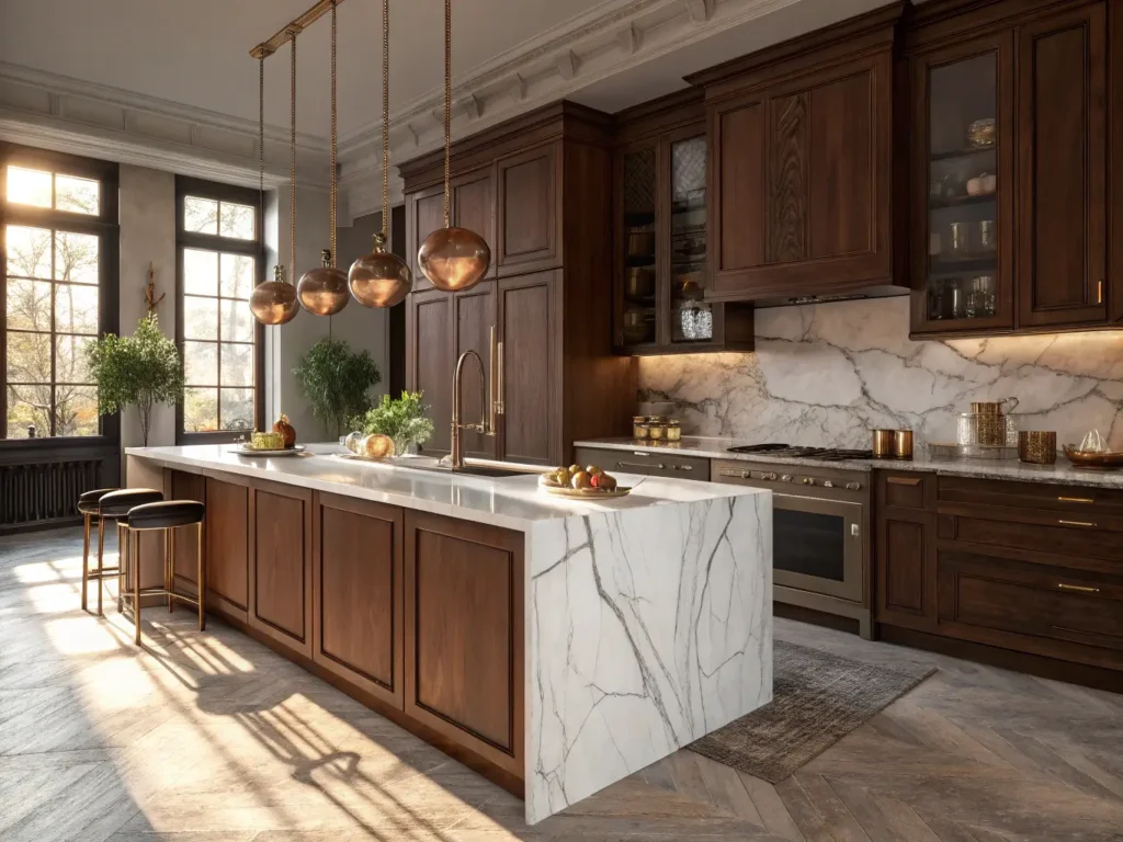 "Modern walnut kitchen with Calacatta marble island bathed in golden hour sunlight, enhanced by brass pendant lights and hints of copper cookware."