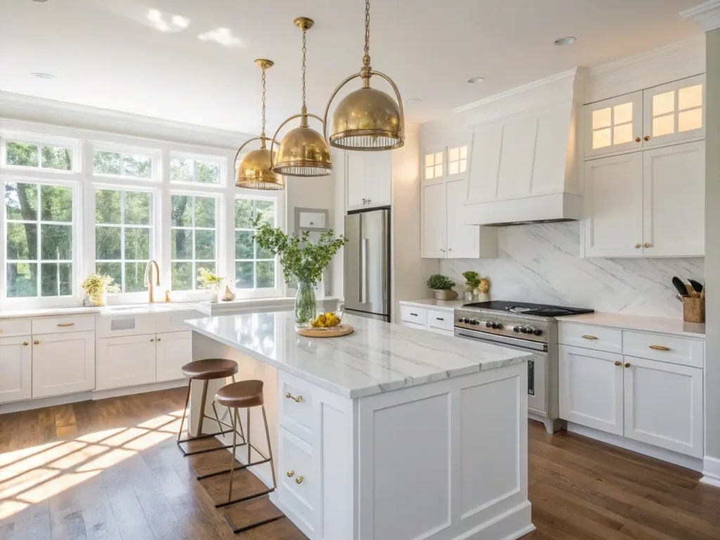 "Modern luxury kitchen with white cabinets, marble island, brass pendants, and morning sunlight"