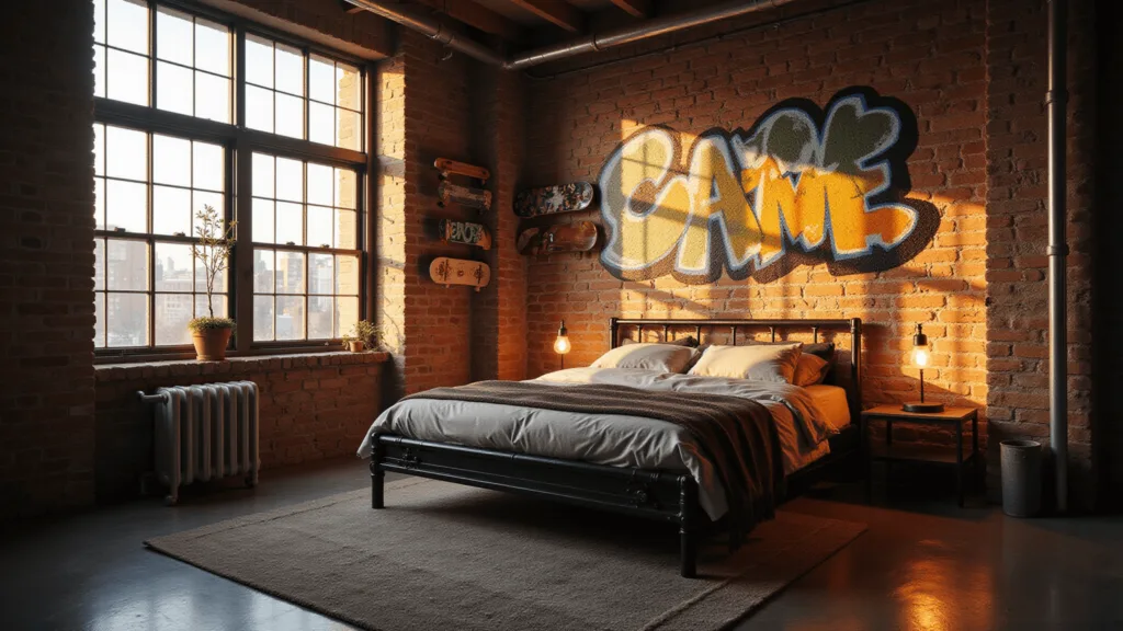 "Urban loft bedroom with graffiti mural, black metal bed, vintage skateboard decor, and neon lights in golden hour lighting"