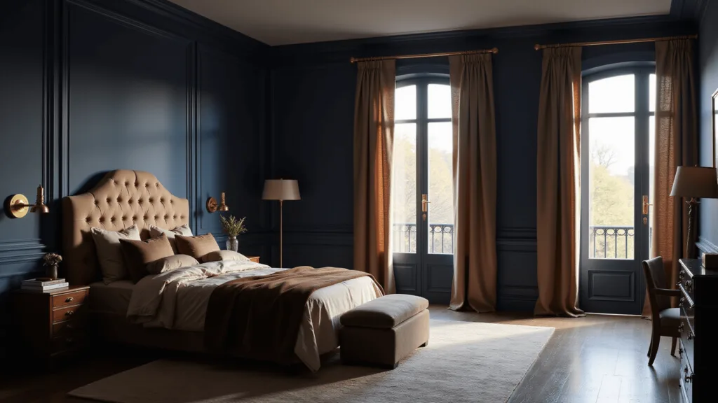 "Luxurious bedroom with navy walls, king-sized bed, brass wall sconces, and French doors during golden hour"