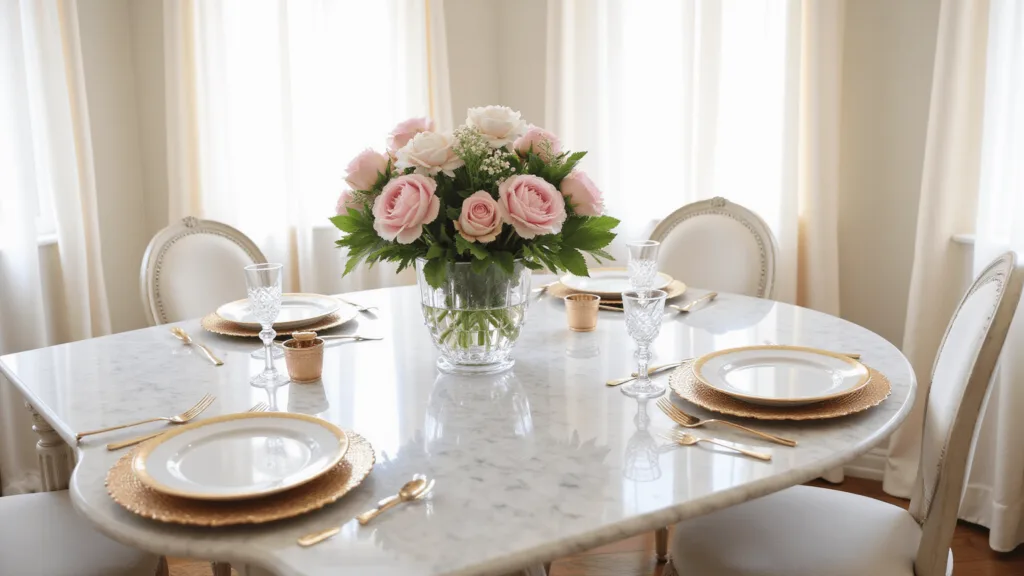 "Elegant Mother's Day breakfast nook with sunlit marble table, blush flowers in crystal vases, gold china and vintage decor"