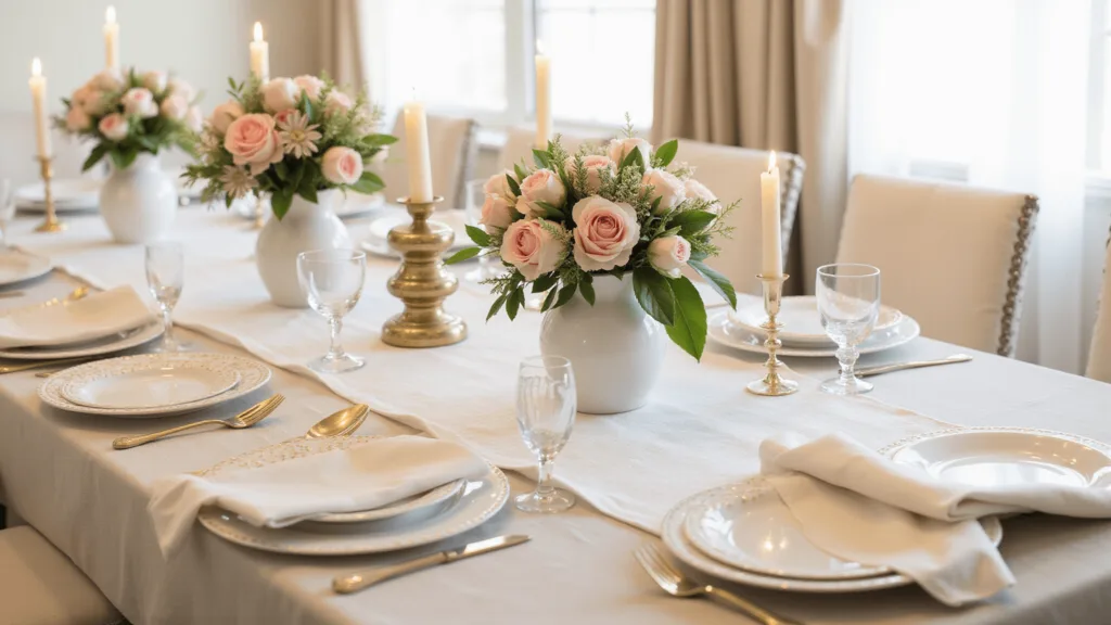 "Elegant Mother's Day table setting featuring pink peonies in vintage vases, candlelight, and gold-rimmed plates under natural sunlight"
