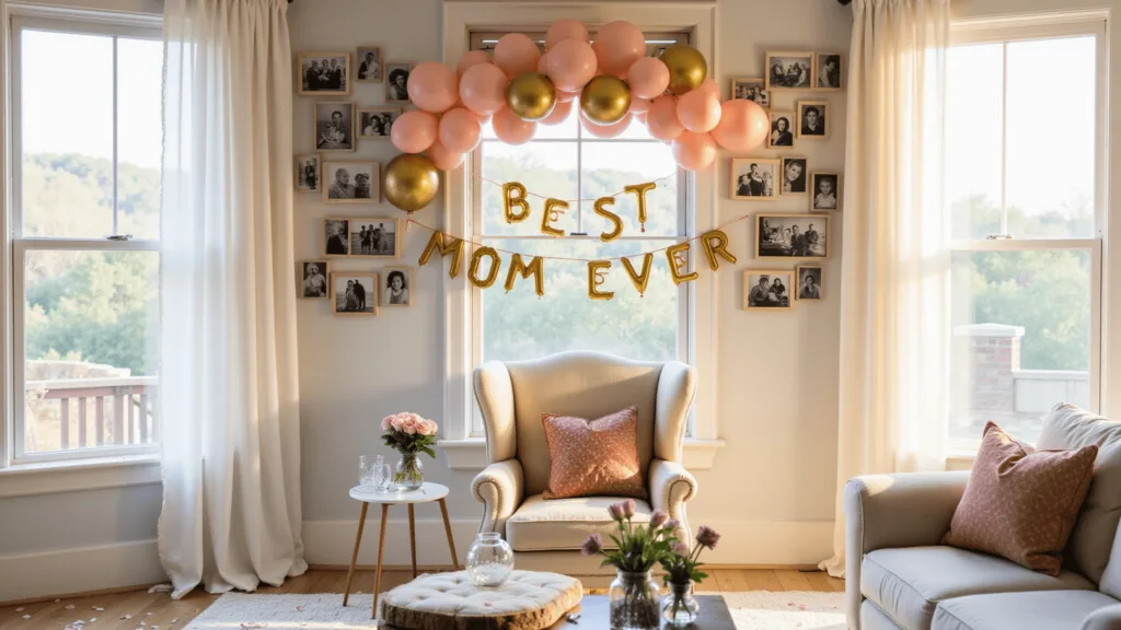 "Modern farmhouse living room decorated for Mother's Day with blush pink and gold balloon arch, vintage wingback chair, family photo garlands and 'Best Mom Ever' banner."