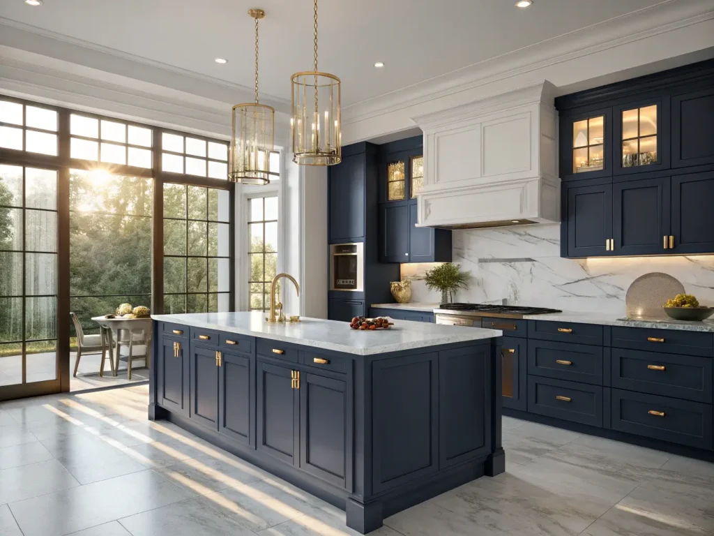 "Luxurious kitchen with navy blue cabinets, brass hardware, white quartz waterfall island under golden hour sunlight"