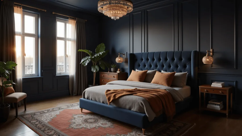 "Luxurious bedroom with navy walls, velvet king-size bed, golden hour lighting, brass accents, and crystal chandelier"