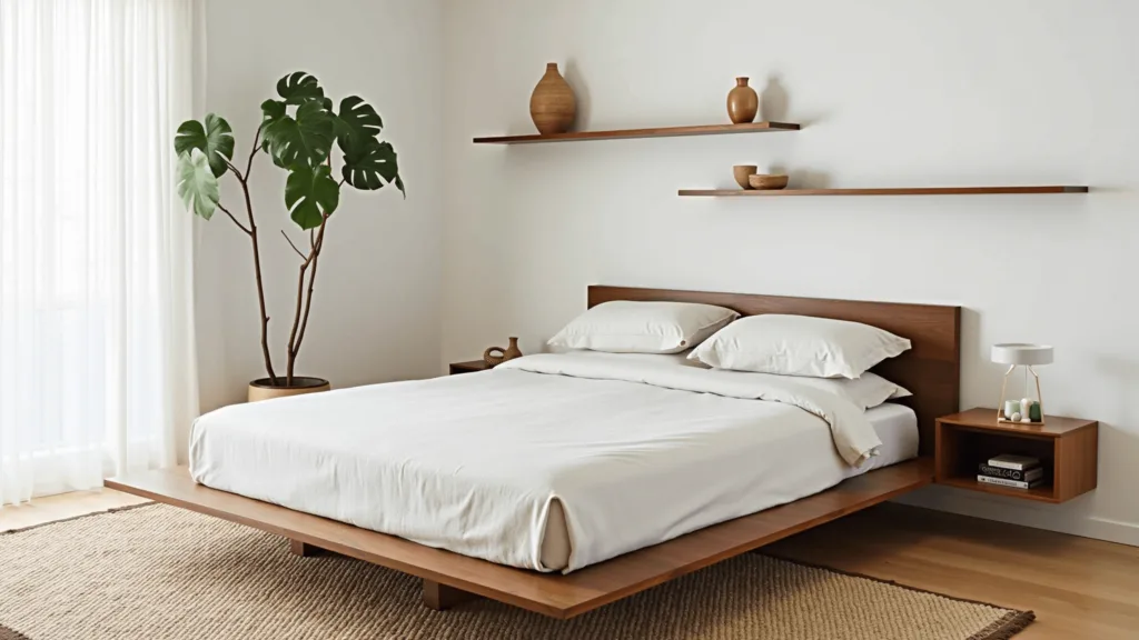 "Neutral modern bedroom with walnut platform bed, linen bedding, monstera plant, morning sunlight filtering through sheer curtains, textured jute rug, and ceramic vessels on minimalist oak floating shelves."