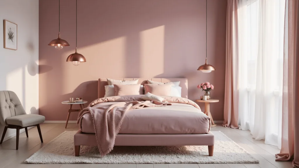 "Aesthetically pleasing millennial pink bedroom featuring a velvet bed with pink pillows, rose gold pendant lights, a white shag rug, and soft natural lighting"