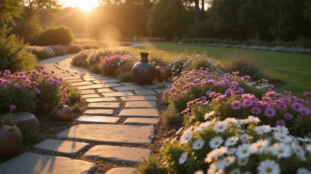 "Romantic garden path at sunset with pink, purple, and white flowers, copper ornaments, and a misty, dreamy atmosphere"