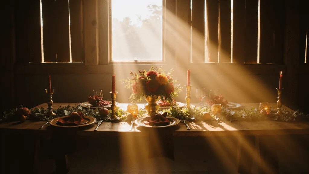 "Rustic barn wedding interior illuminated by golden sunlight with farmhouse table decorated in autumn colors and vintage brass candlesticks"