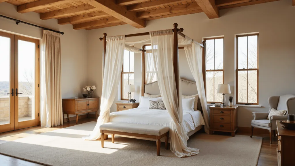 "Cozy master bedroom with cream-colored canopy bed, oak beams, and golden sunlight streaming through tall windows"