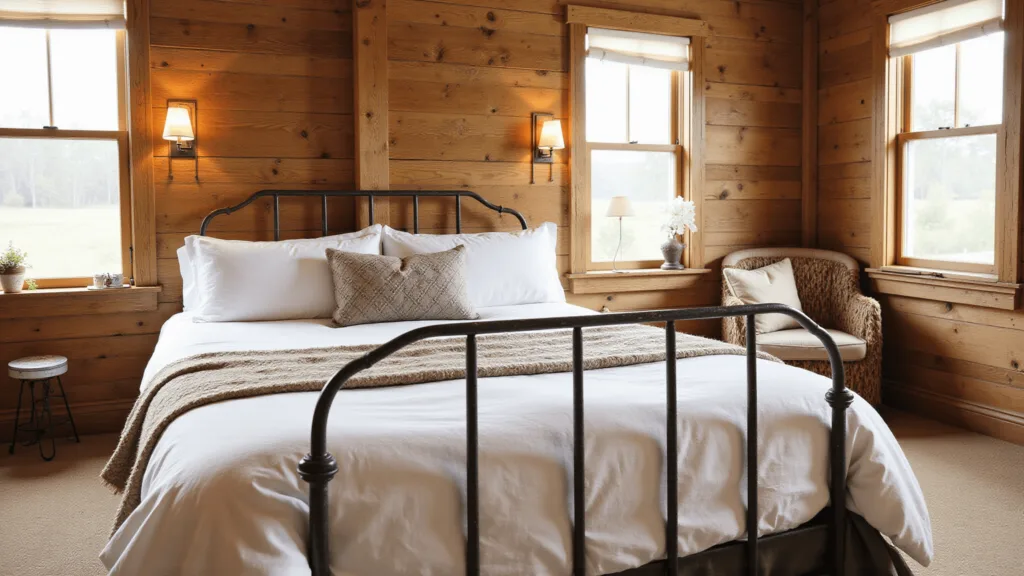 "Rustic guestroom with reclaimed wood walls, iron bed, wool throws and vintage quilts, bathed in warm golden light streaming through farmhouse windows on cream background"