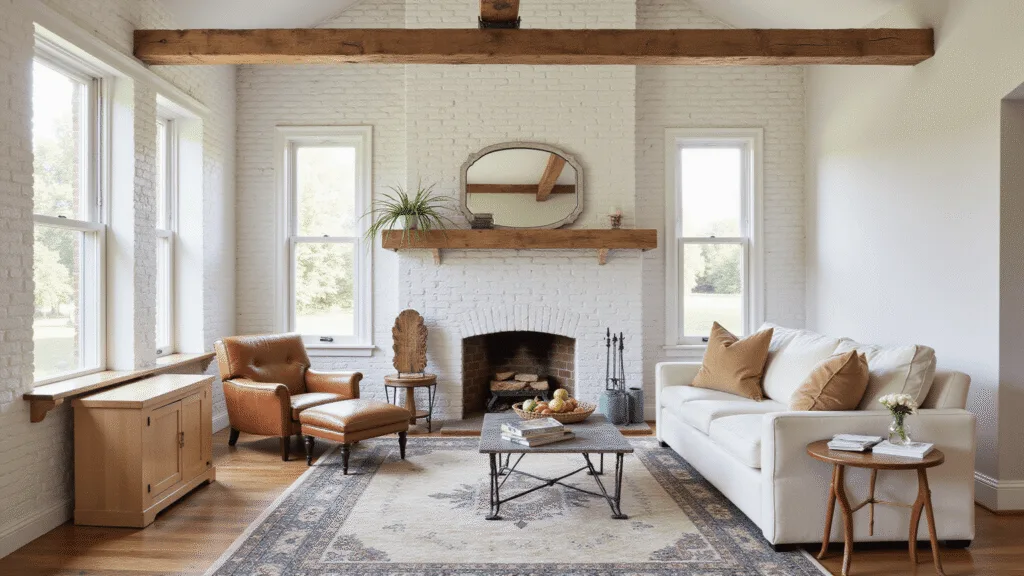 "Rustic farmhouse living room with cream sectional, leather armchair, whitewashed brick fireplace and tall windows allowing natural light, accented with vintage rugs and wood beams."