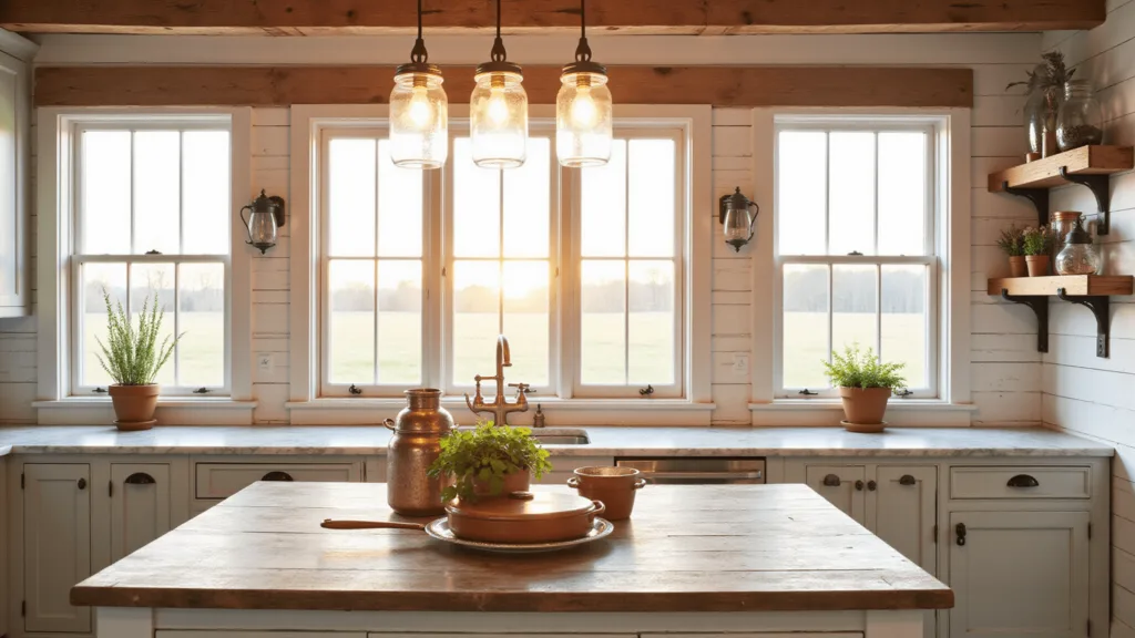 "Rustic farmhouse kitchen with mason jar lighting, white shiplap walls, and vintage copper cookware bathed in warm golden hour sunlight"