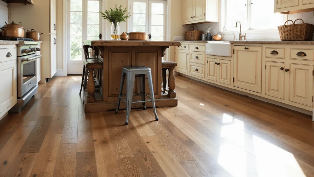 "Sunny farmhouse kitchen with distressed oak flooring, cream cabinets with brass hardware, rustic stools, and decorative woven baskets with copper cookware"