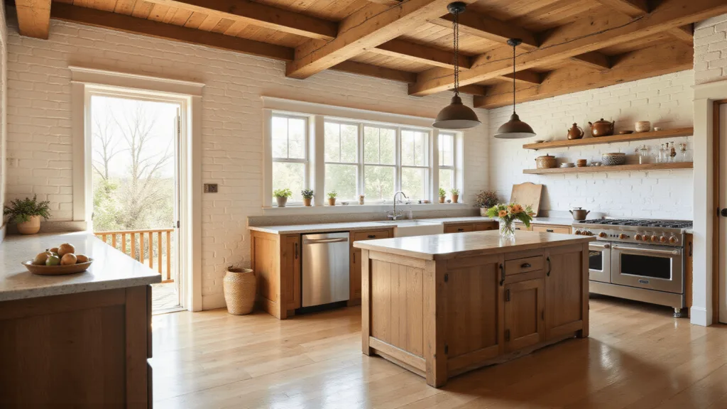 "Sunlit rustic farmhouse kitchen interior featuring exposed wooden beams, white brick walls, vintage copper pots, weathered oak island, and ceramic pottery with warm golden light streaming through the windows"