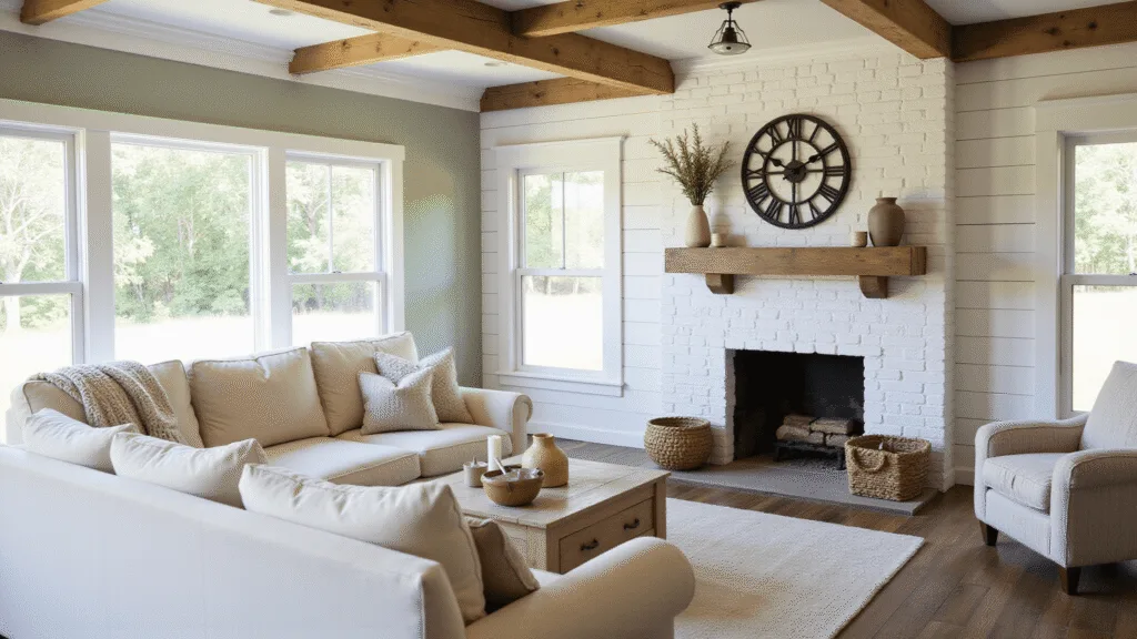 "Sunlit farmhouse living room with cream sectional, whitewashed brick fireplace, vintage decor, and warm light streaming through windows"