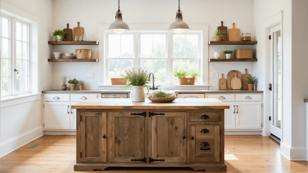 "Sunlit rustic farmhouse kitchen island with fresh herbs, wildflowers and vintage decorations in morning light"