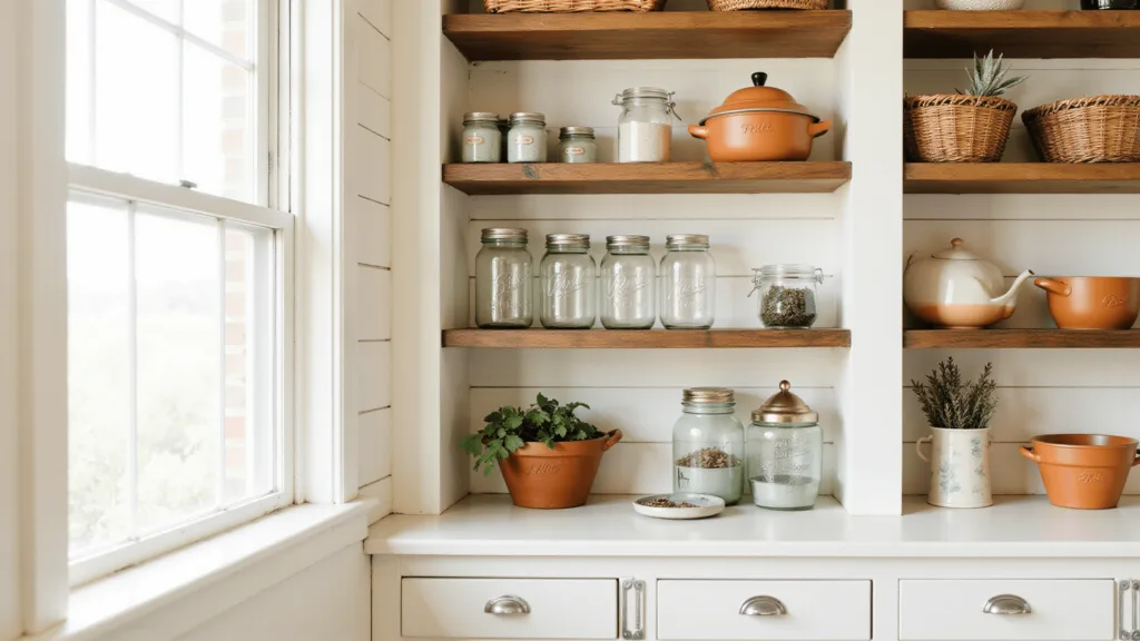 "Sunlit farmhouse pantry with wooden shelves, vintage elements, and dried herbs"