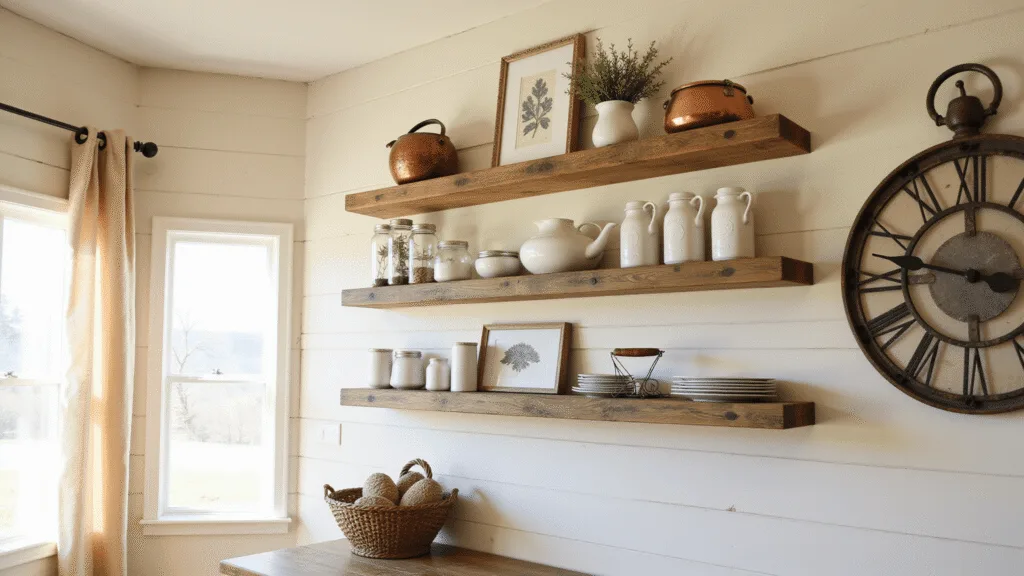 "Rustic farmhouse kitchen with reclaimed wood shelves on cream shiplap wall, displaying ceramic pitchers, mason jars, hanging copper pots, and vintage prints under soft sunlight."